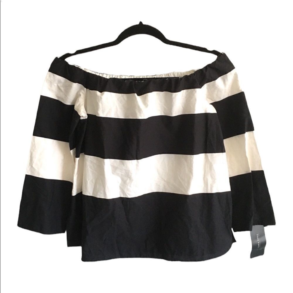 ZARA Black White Striped Cropped Off Shoulder Blouse XS